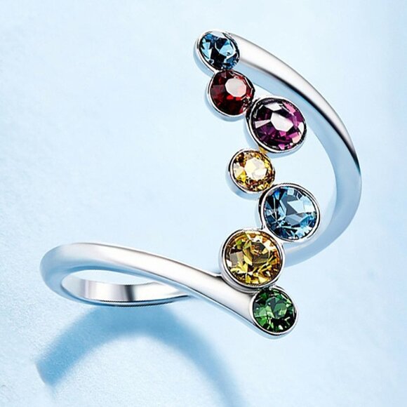 💥 925 Silver Plated Eternity Rainbow Colorful CZ Ring for Women, HA4456-6 - Picture 1 of 4
